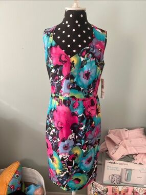 Evan Picone Vibrant Floral Sheath Dress in Black, Pink, Turquoise